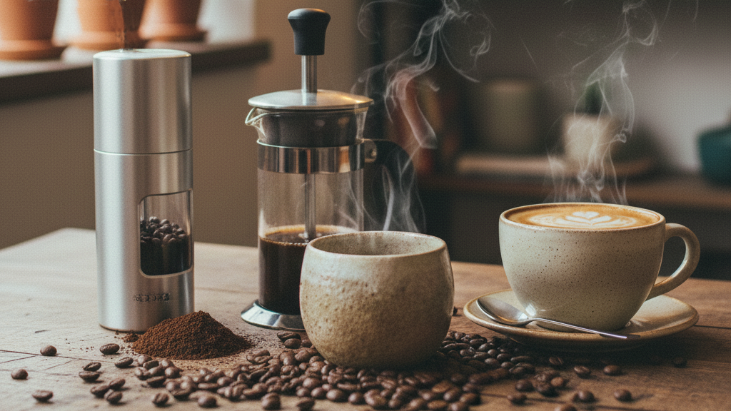 Dos tazas de café humeante sobre una mesa de madera natural. La imagen también contiene una prensa francesa, un molino manual y granos de café sobre la mesa.