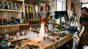 Model rocket labeled SPARK-1 with sparks and smoke igniting on a workshop workbench