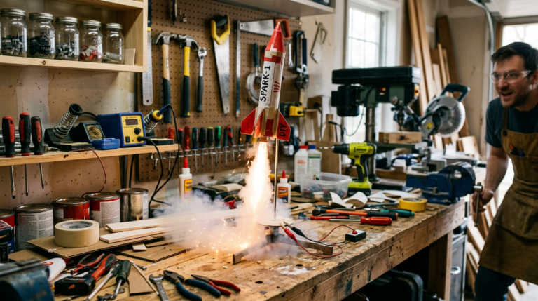 Model rocket labeled SPARK-1 with sparks and smoke igniting on a workshop workbench